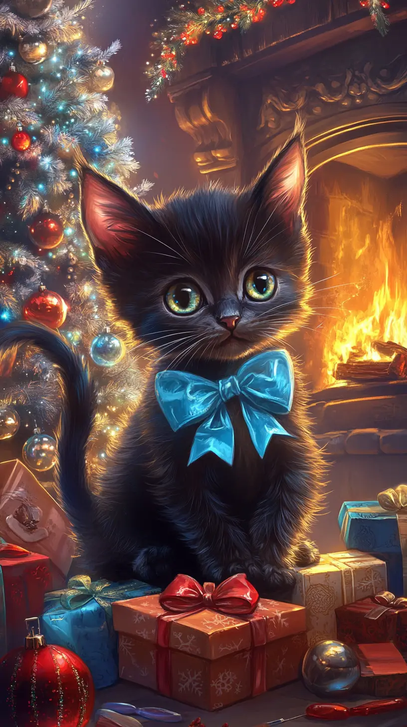 Dolce gattino nero con fiocco blu tra i regali di Natale