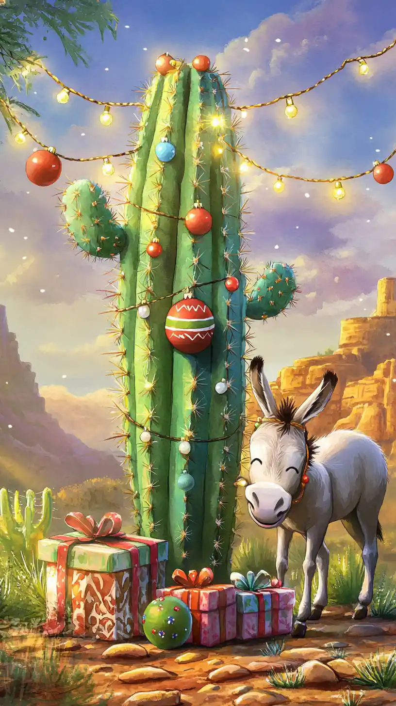 Festive cactus with gifts in a Mexican desert night