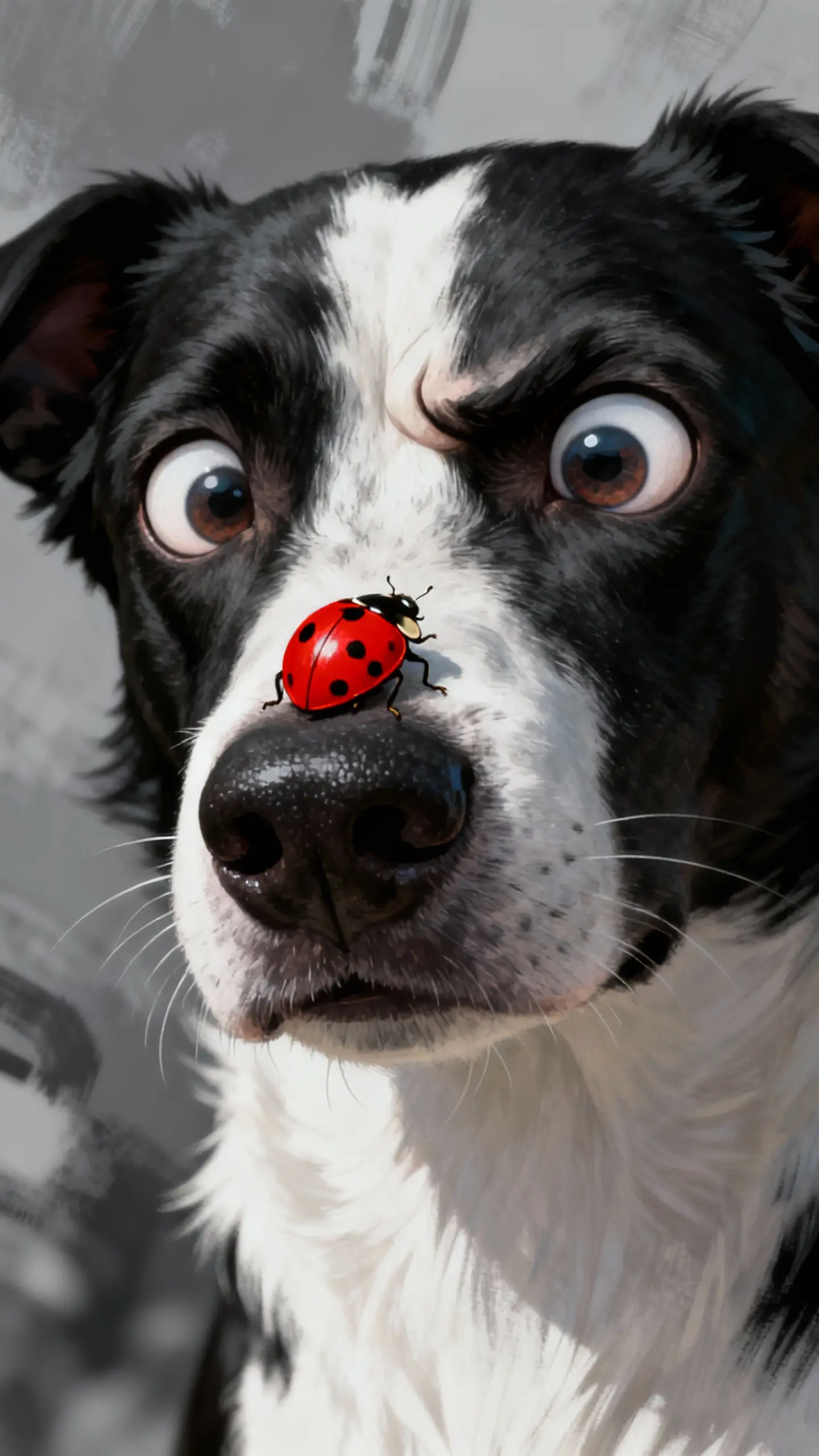 Cane dei cartoni animati giocoso con coccinella sul naso