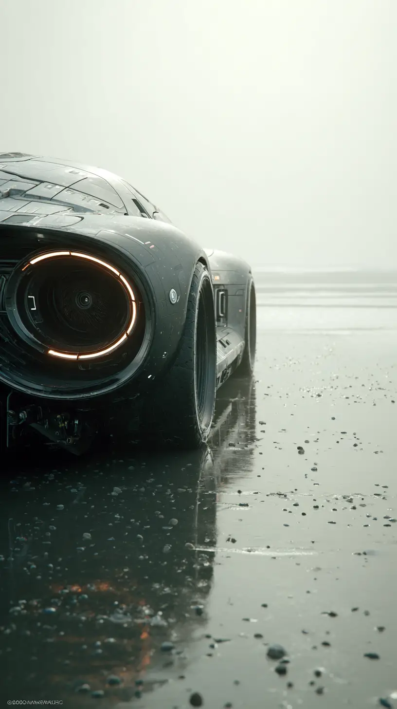 Futuristischer schwarzer Sportwagen schwebt über nebligem Strand