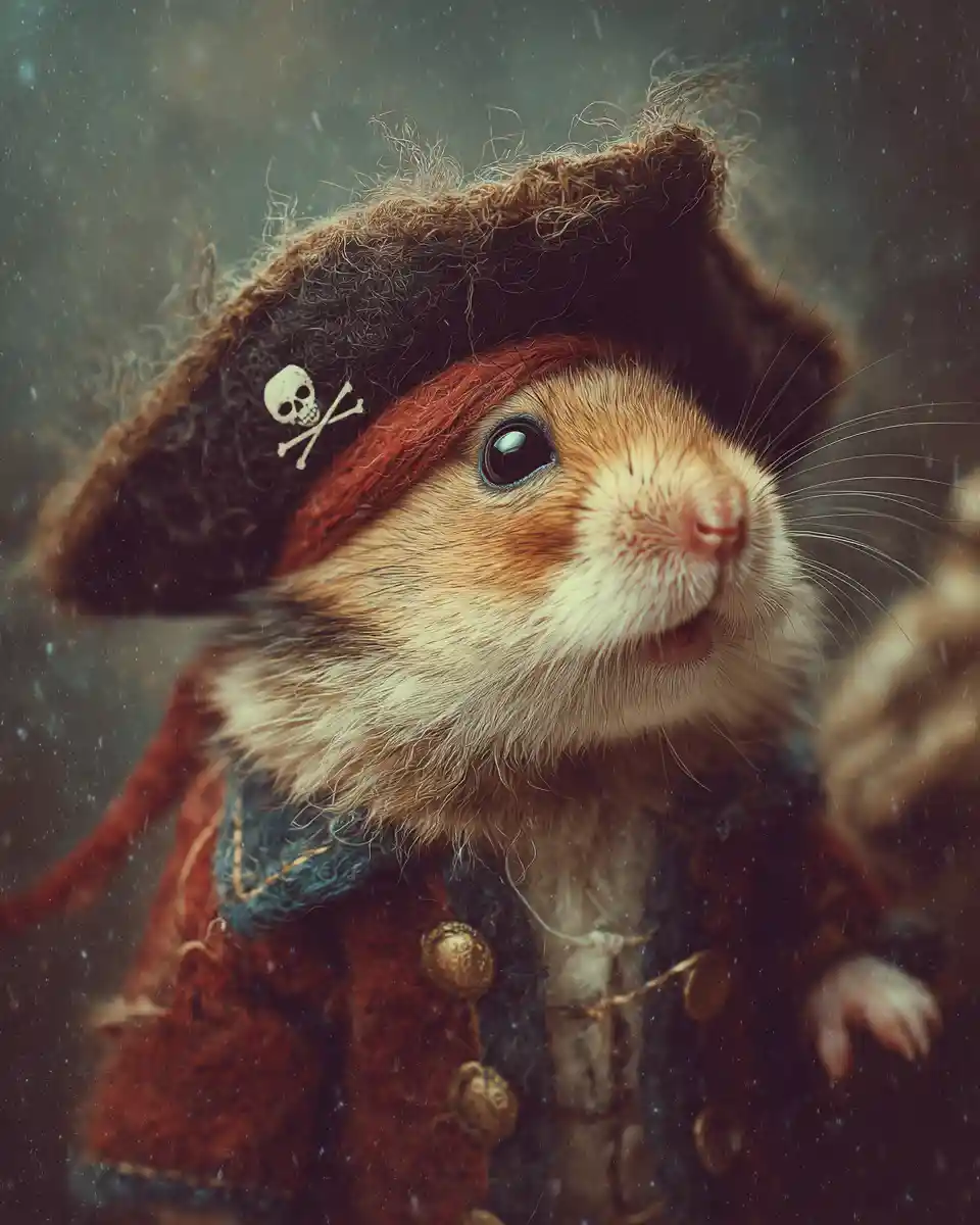 Stylish hamster pirate and mouse lady walking in winter city