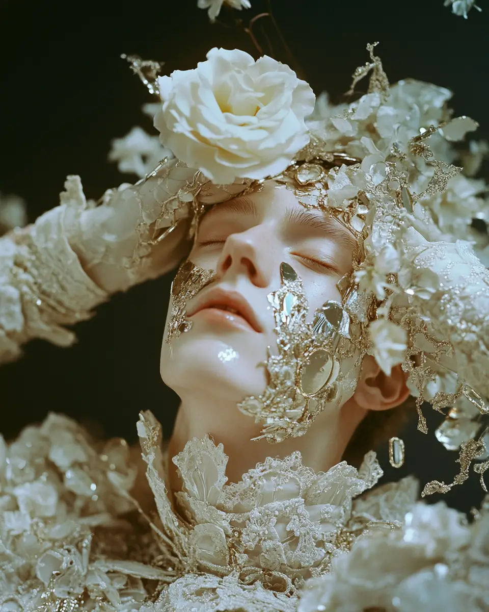 Surreal rococo portrait of an androgynous figure with rose face