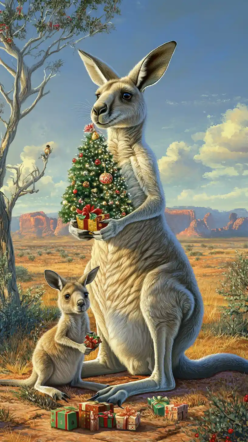 Mamma canguro che condivide un albero di Natale con il suo cucciolo