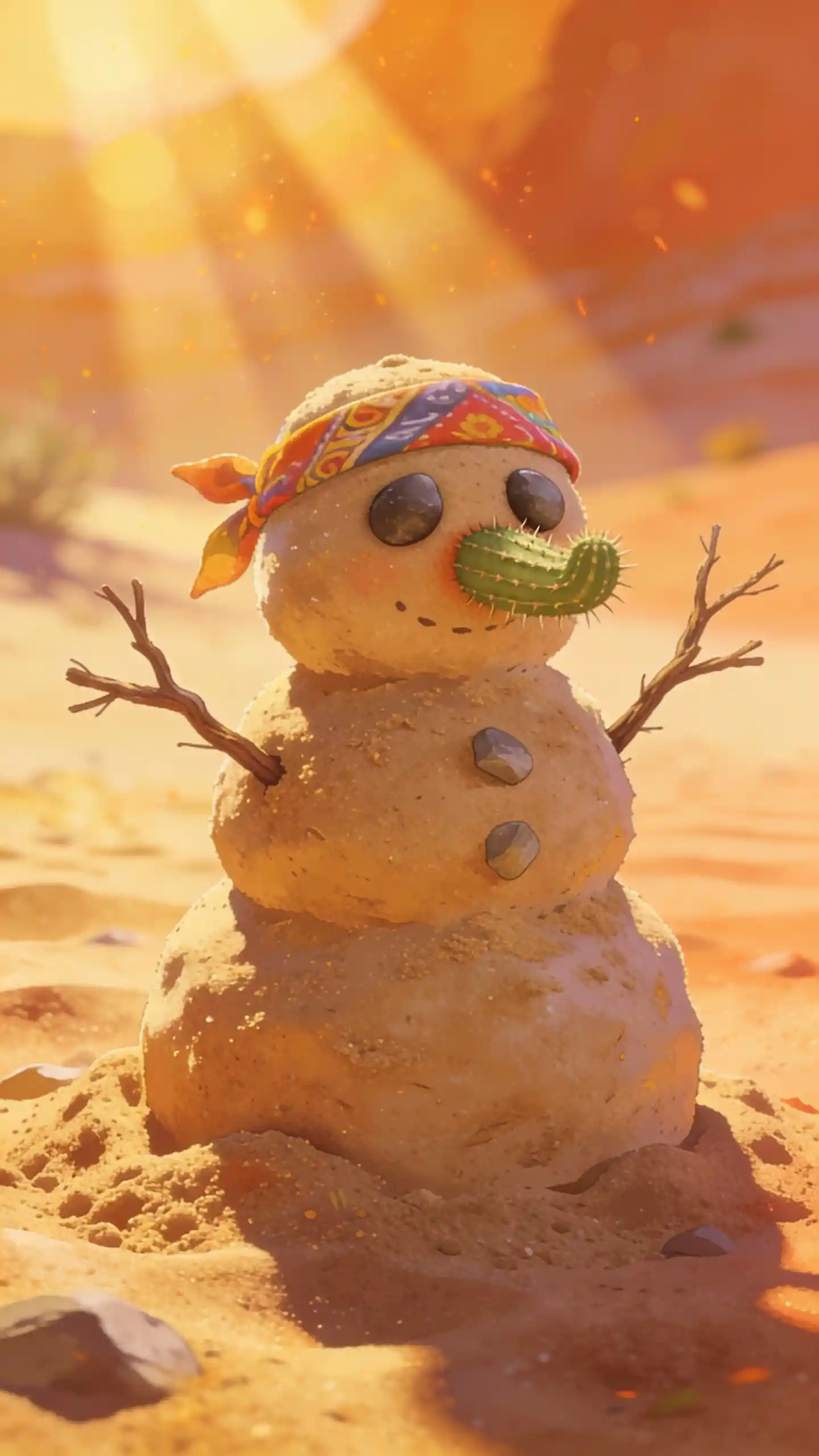 Verspielter Sand-Schneemann in heller Wüstenlandschaft