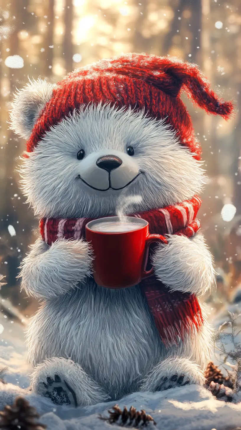 Tierno oso de peluche blanco con taza roja en un bosque nevado