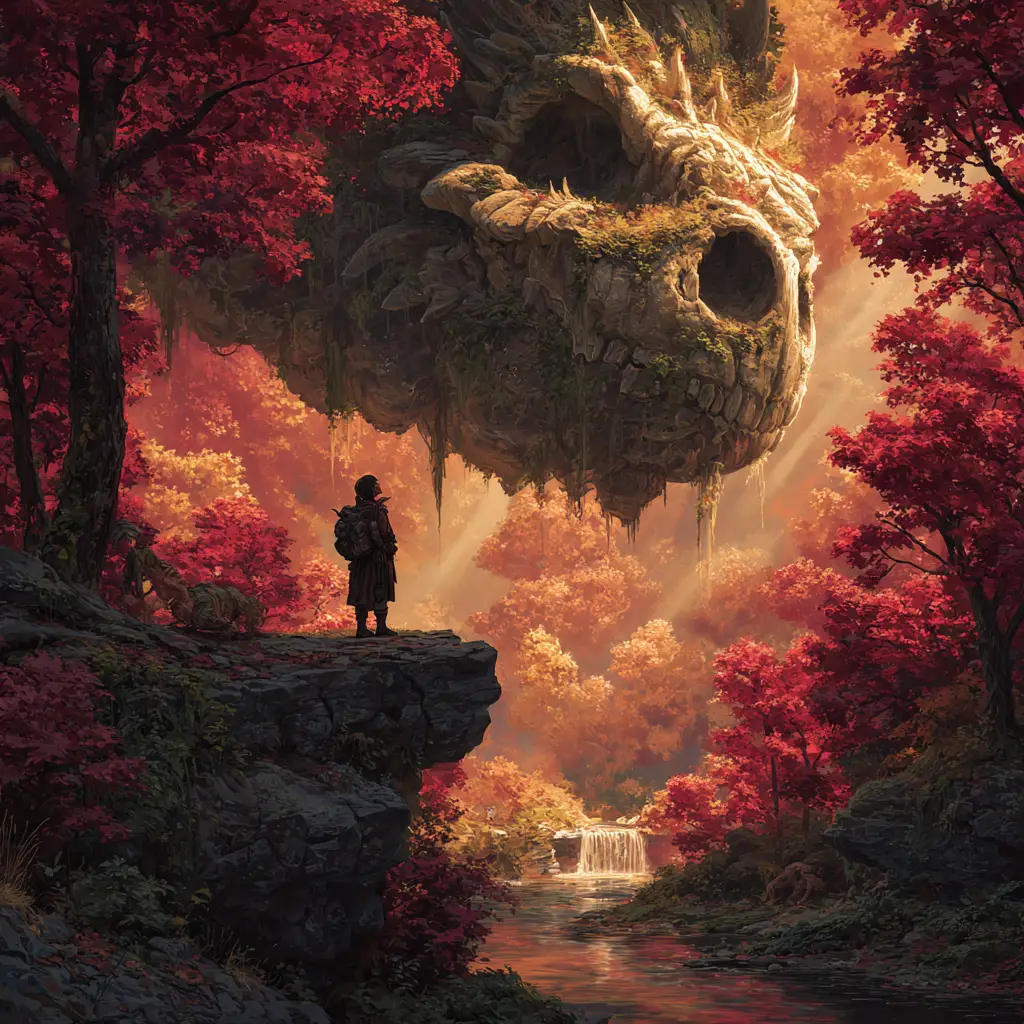 Frau, die bei Sonnenuntergang auf herbstlicher Klippe einen Babydrachen hält