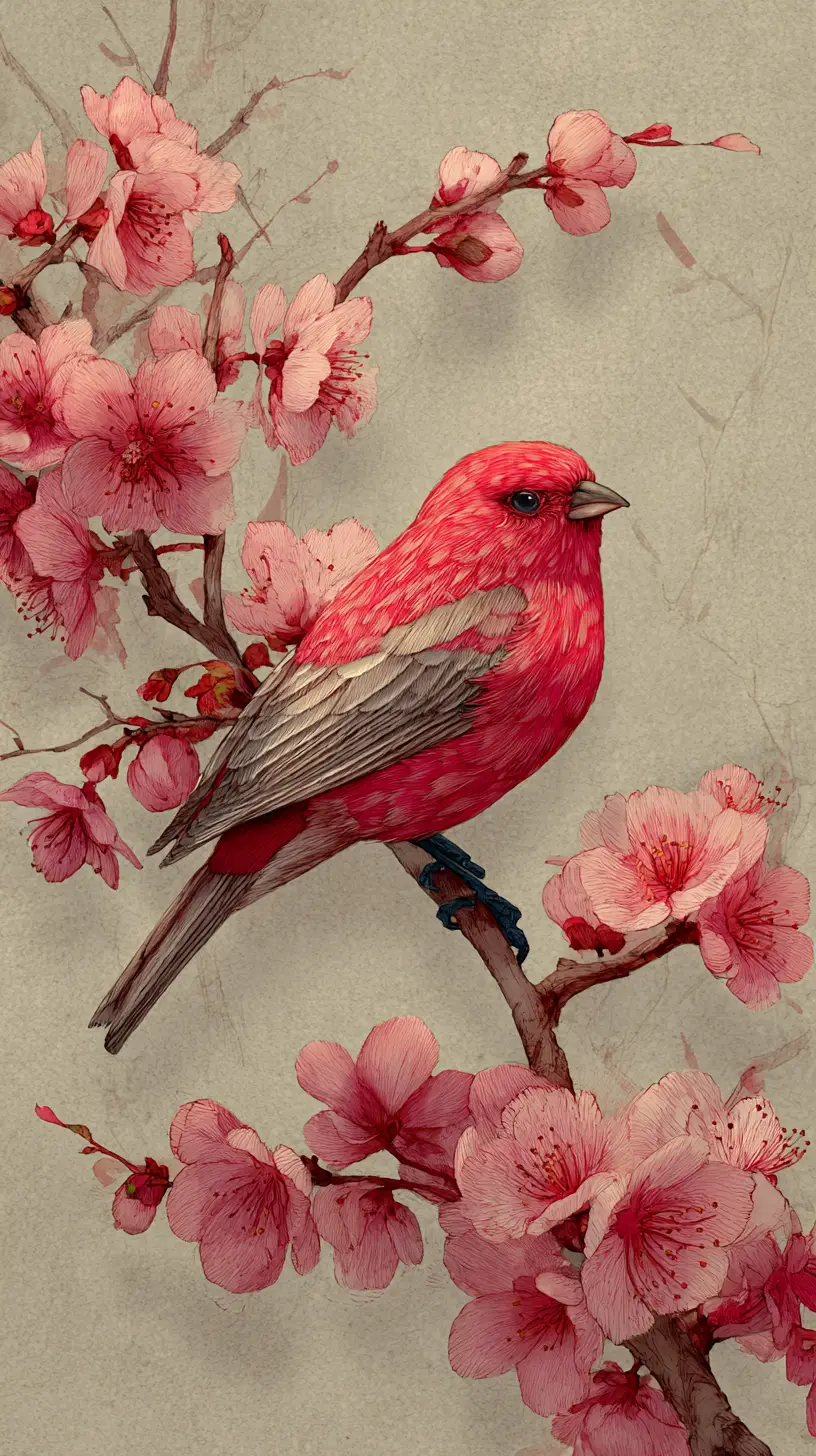 工筆畫風格中綻放枝頭上的紅色鳴鳥