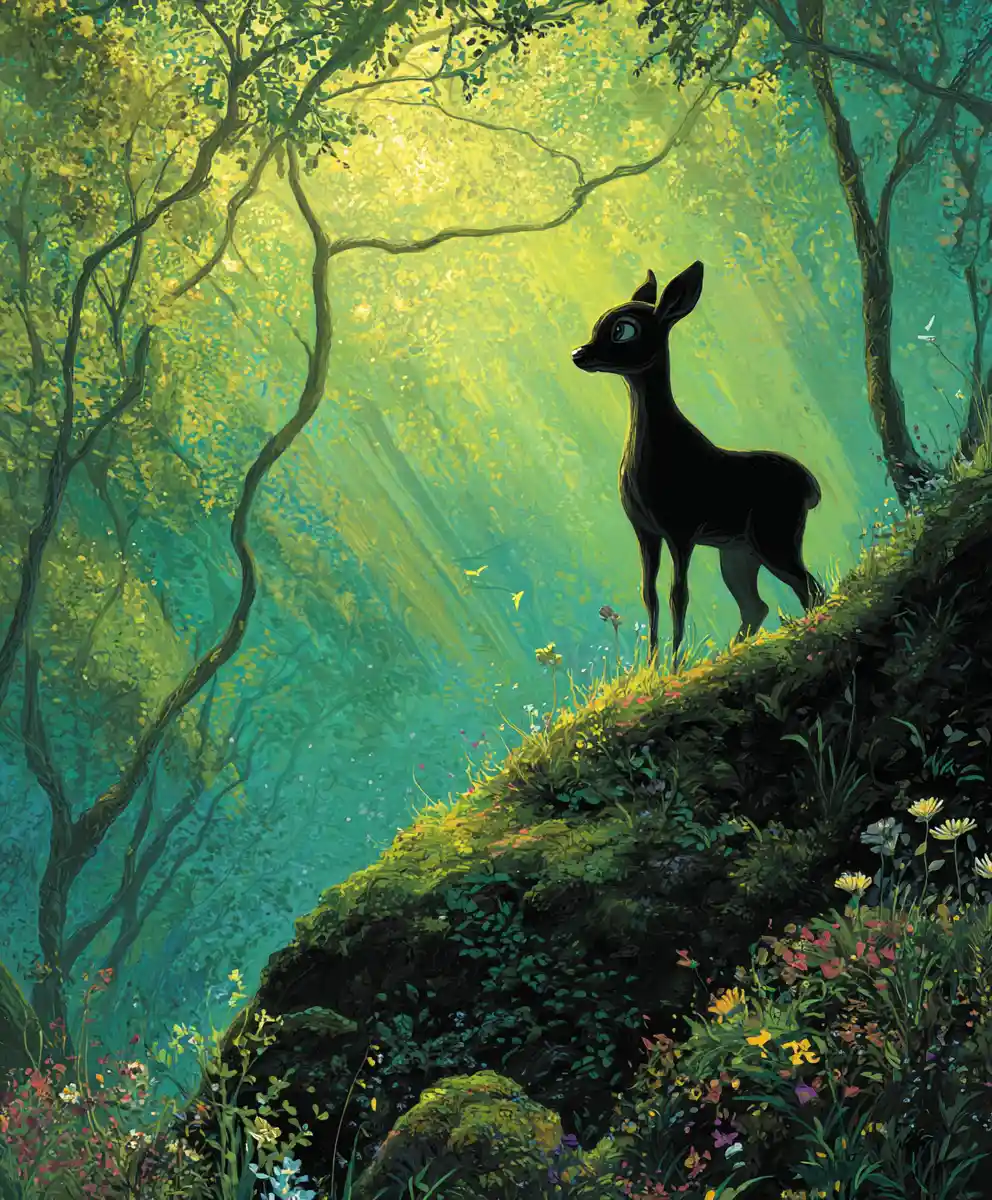 Cervo in piedi su roccia muschiosa in una foresta incantata
