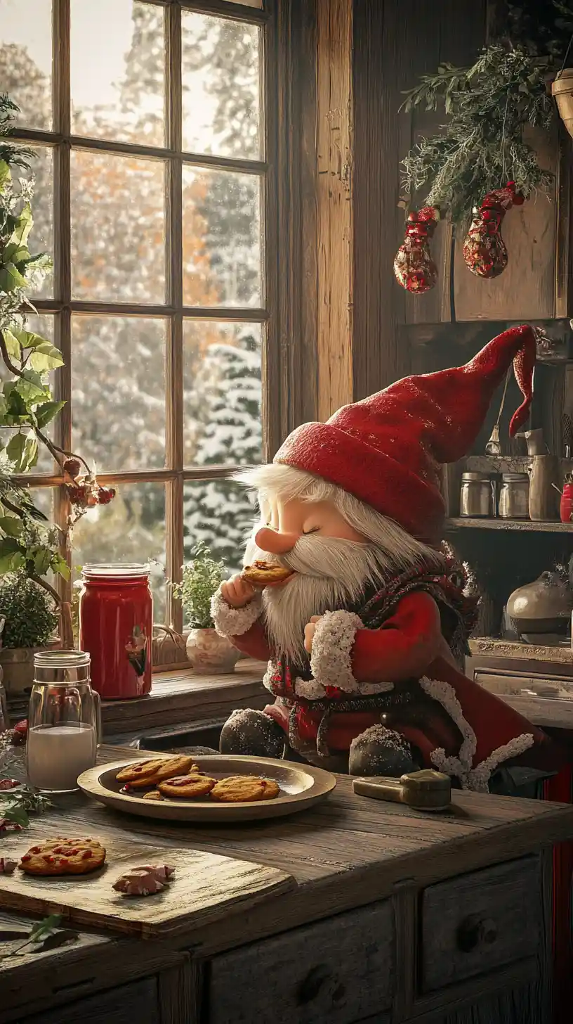 Gnomo disfrutando de galletas en una acogedora cocina rústica