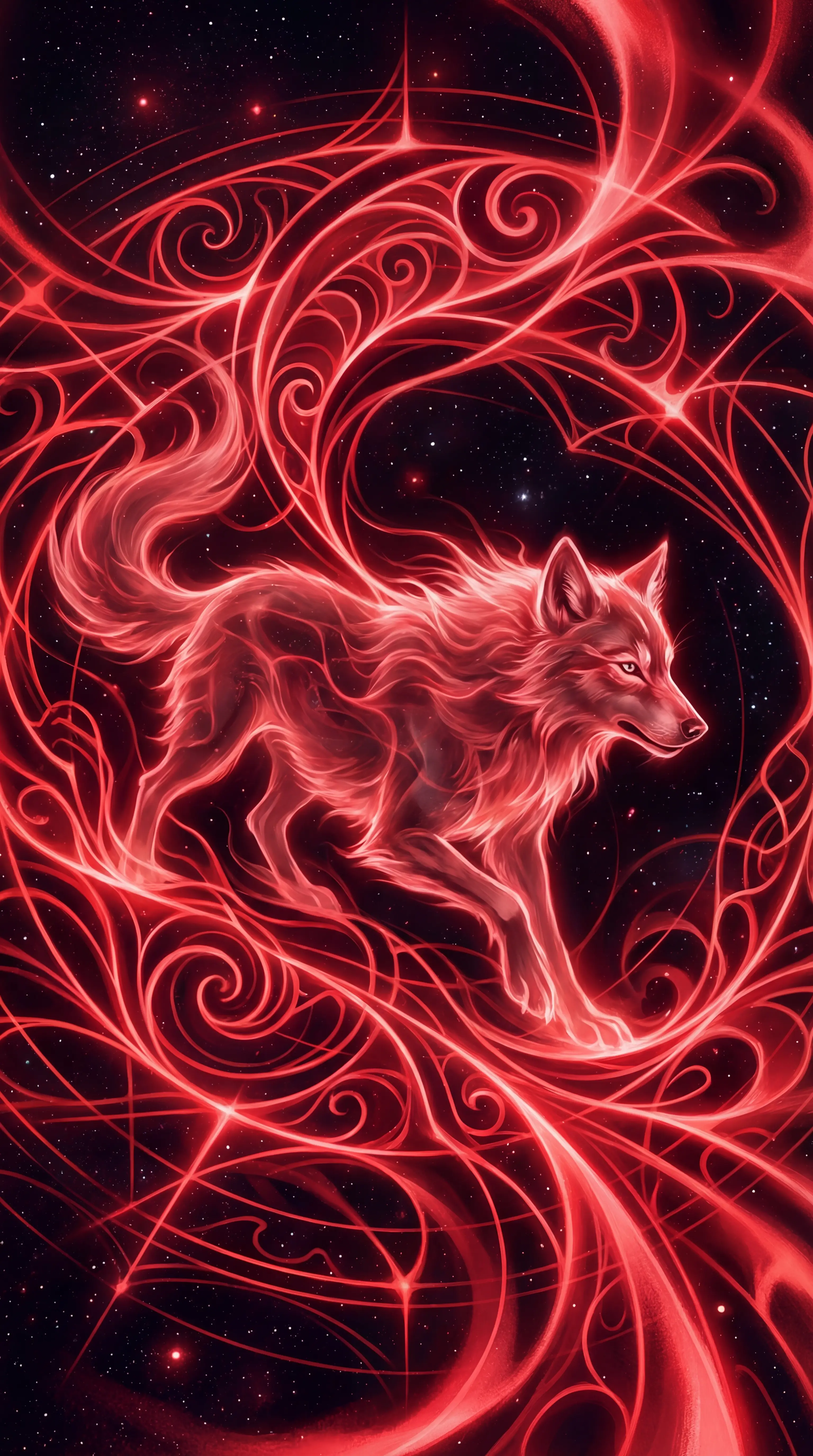 Ilusão de ótica: lobo escondido em padrões geométricos vermelhos