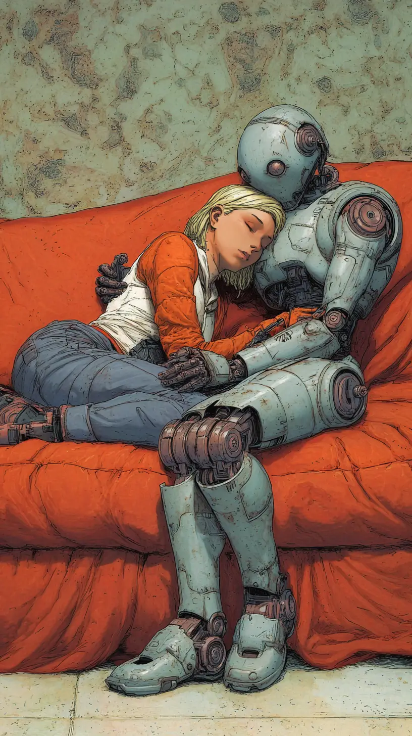 Sci fi woman reclining on couch with robot companion