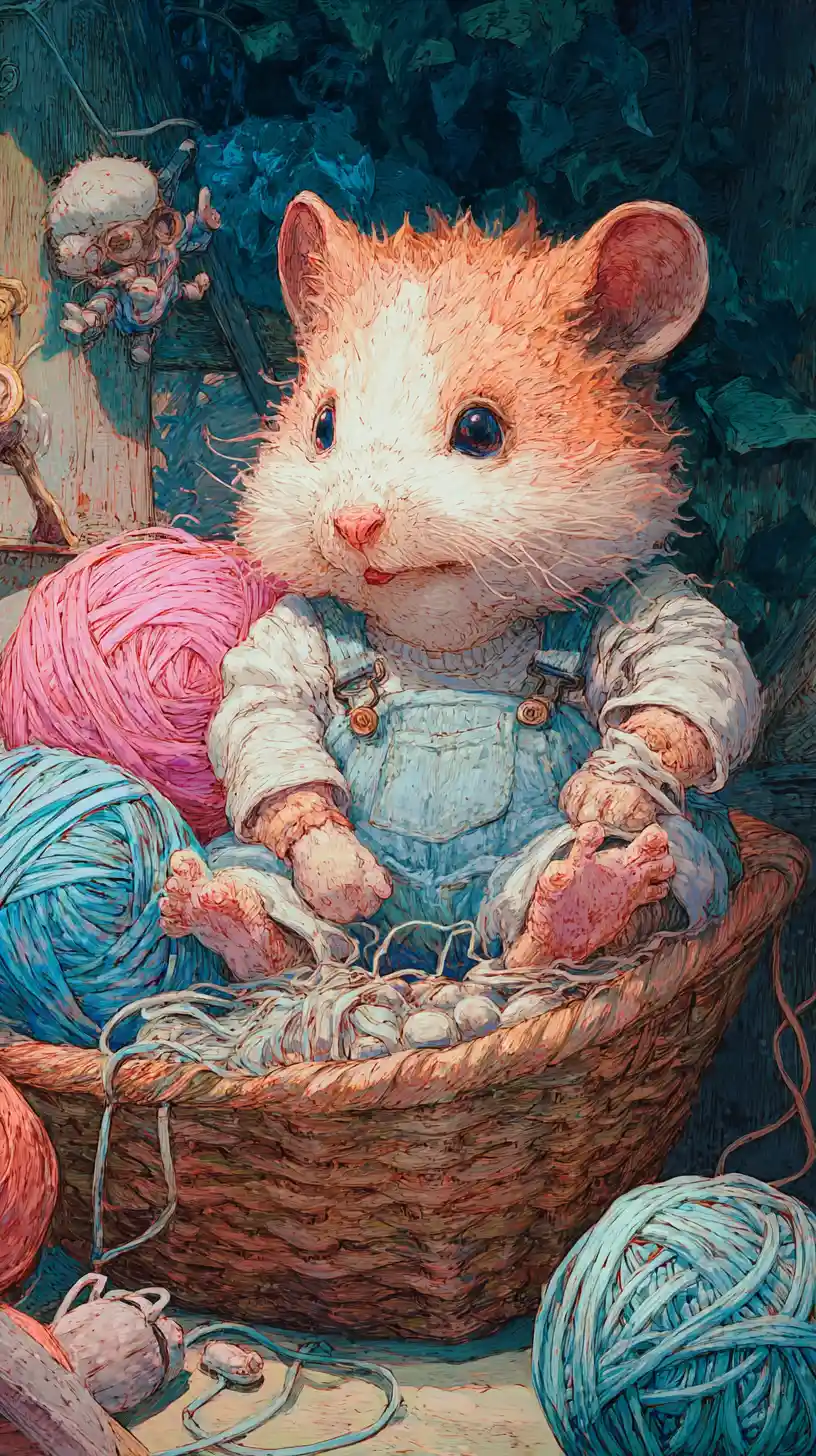 Süßer Hamster im Wollkorb – Kinderbuchillustration