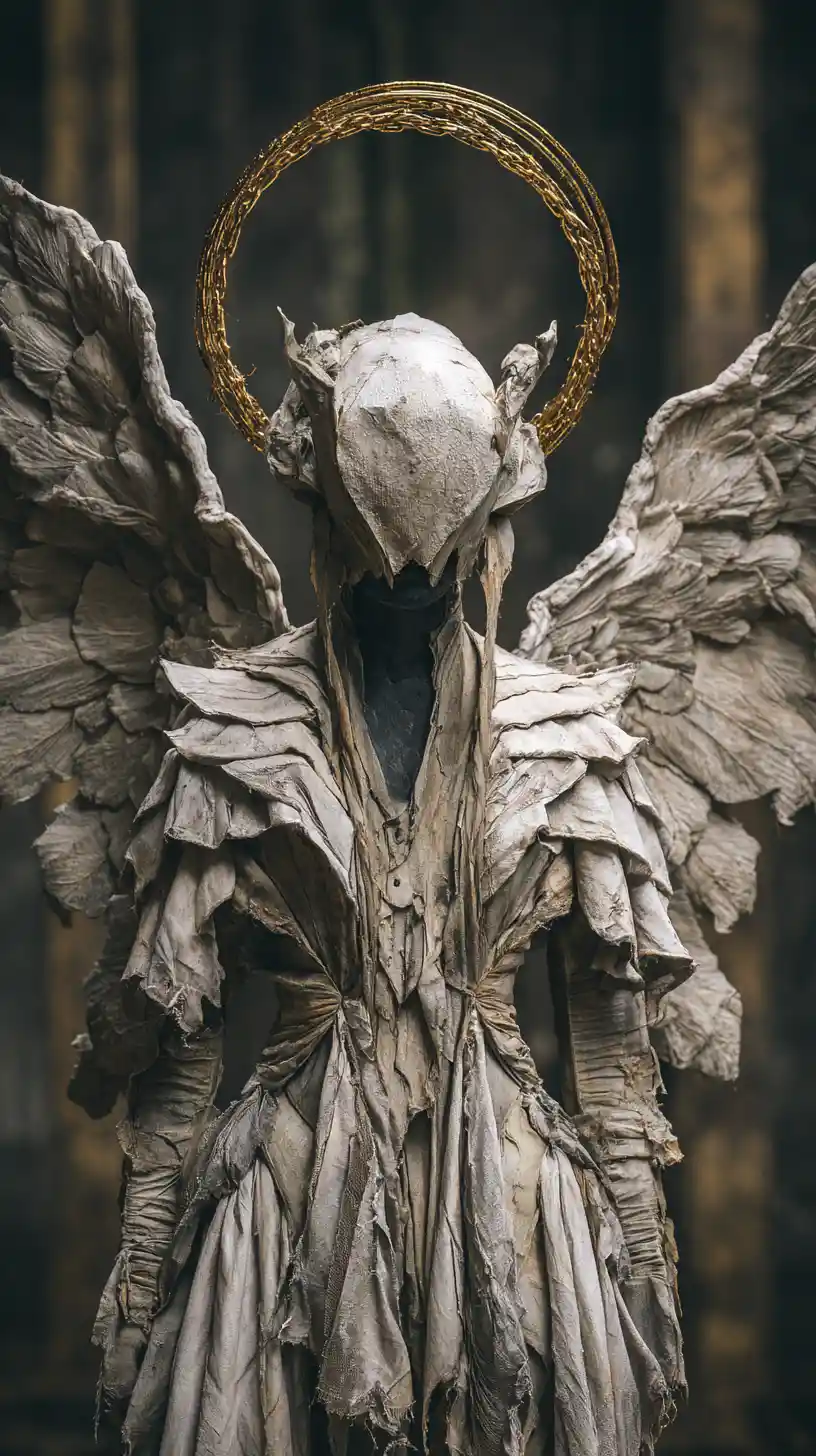 Estatua de ángel gótico con alas desgarradas en catedral oscura