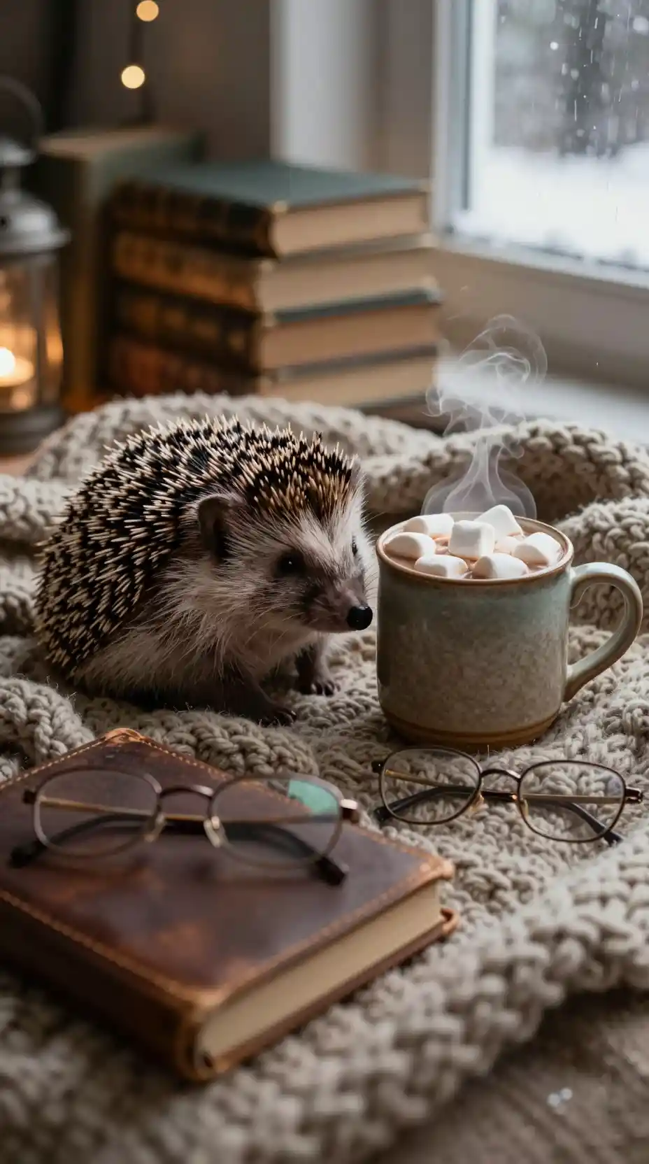 Sleeping hedgehog on blanket with hot cocoa and books