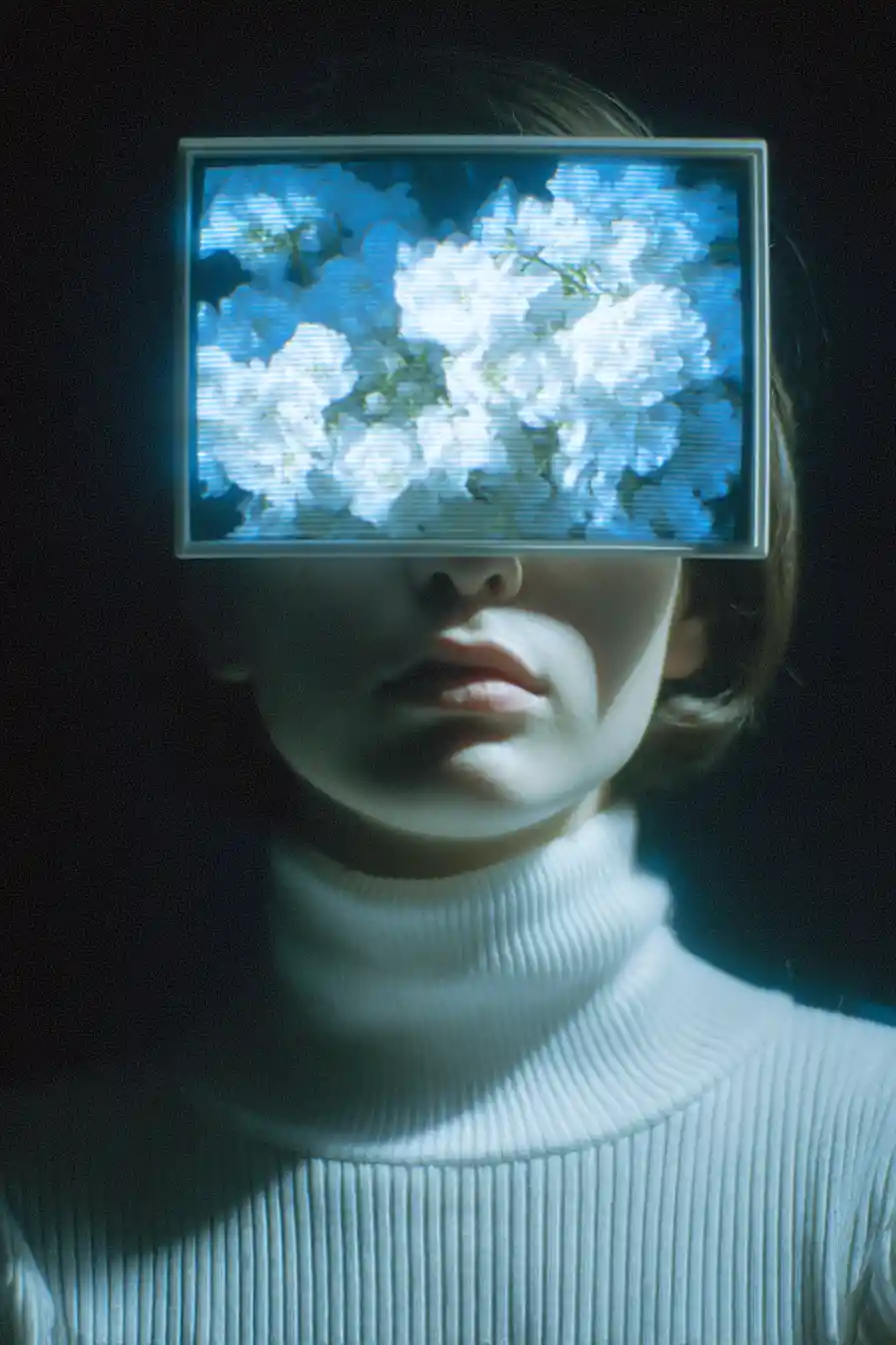 Surrealistisches Porträt einer Frau mit LCD-Bildschirm-Augen