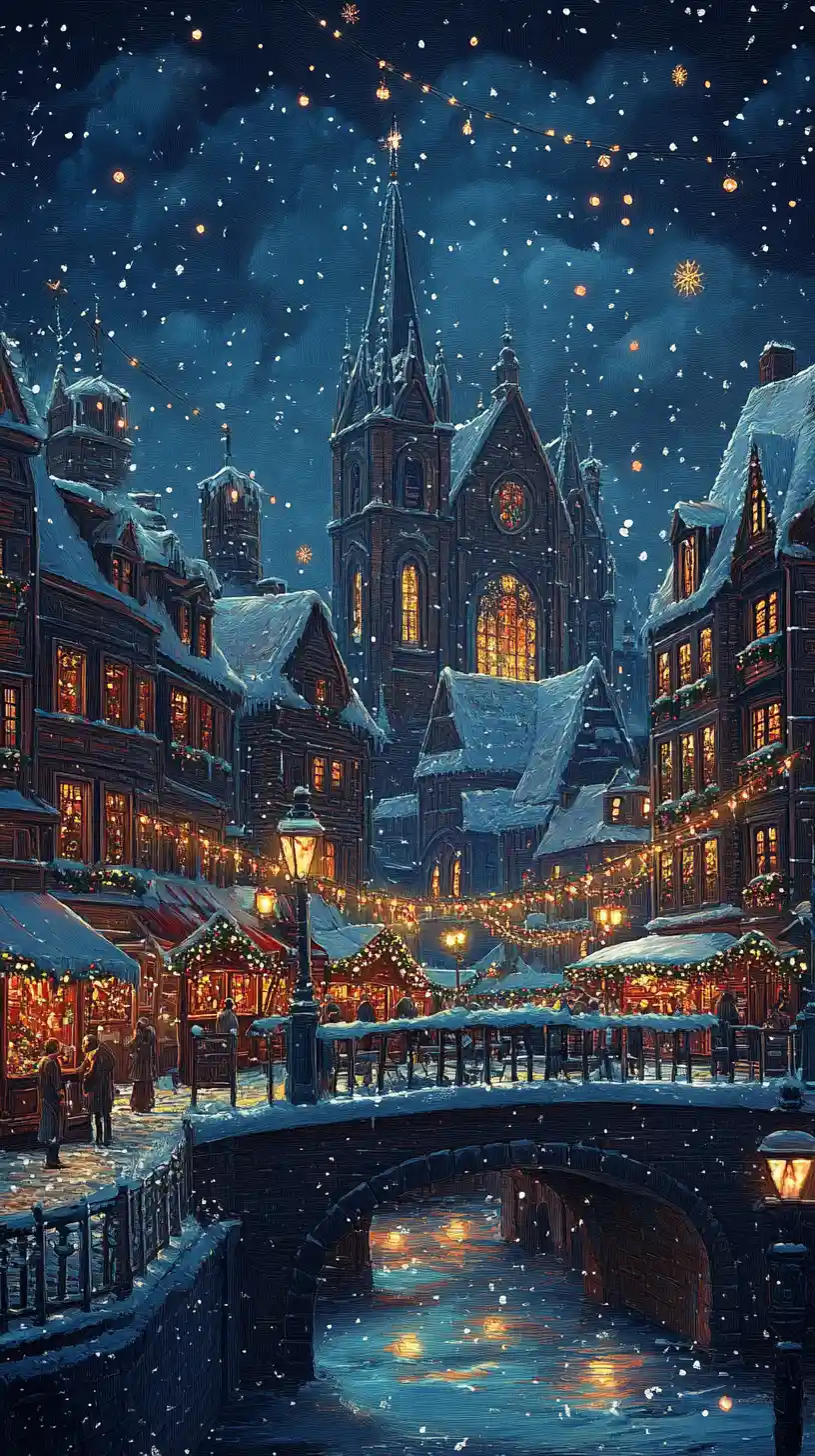 Dreamy christmas town market with church and glowing lights