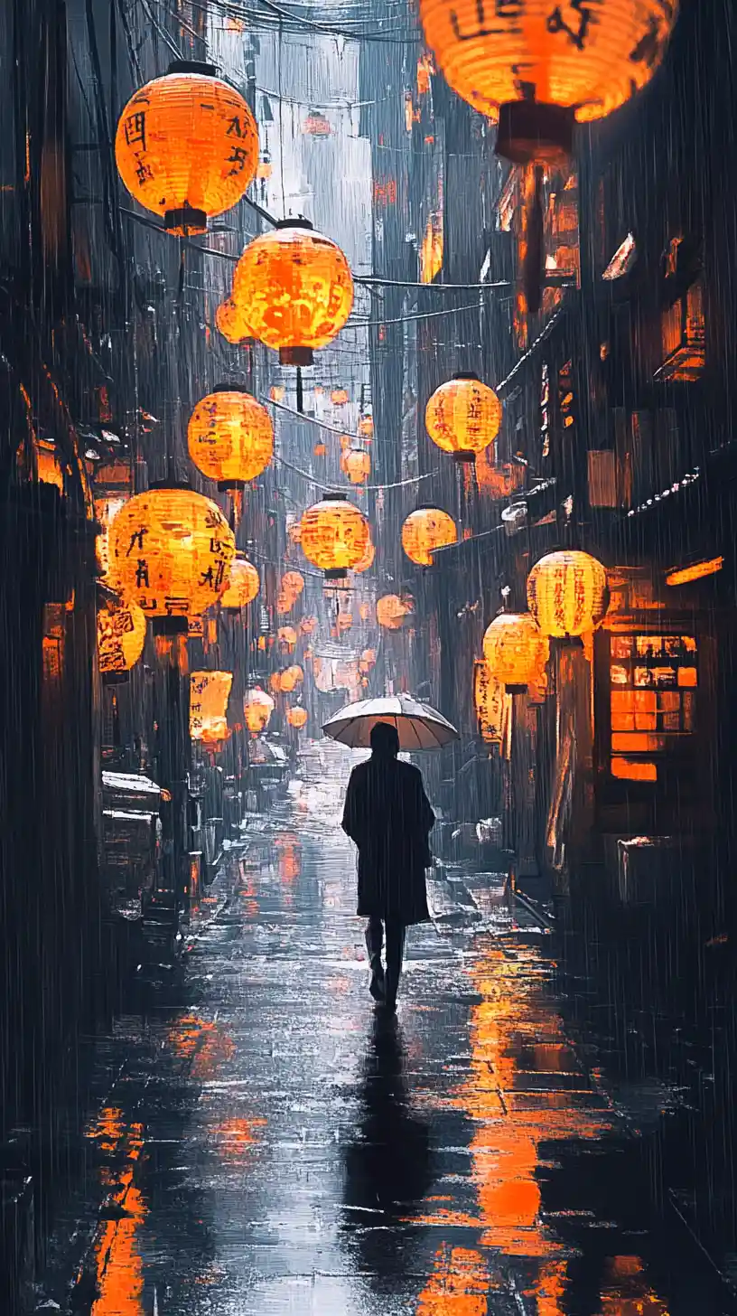雨中賽博龐克城市街道上的孤獨身影