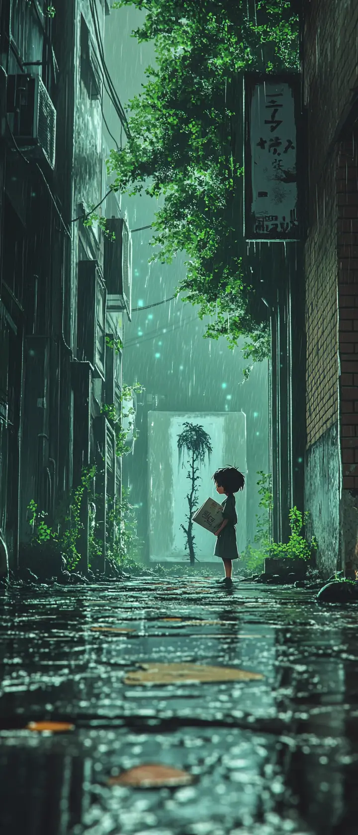 Bambino anime in vicolo piovoso con graffiti del fagiolo magico che svanisce