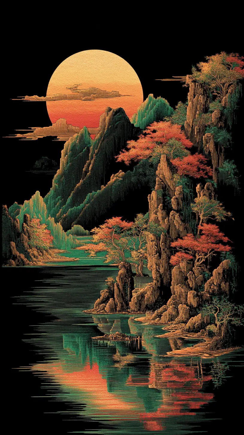 Majestueuses montagnes japonaises au-dessus d’eaux sereines au coucher du soleil