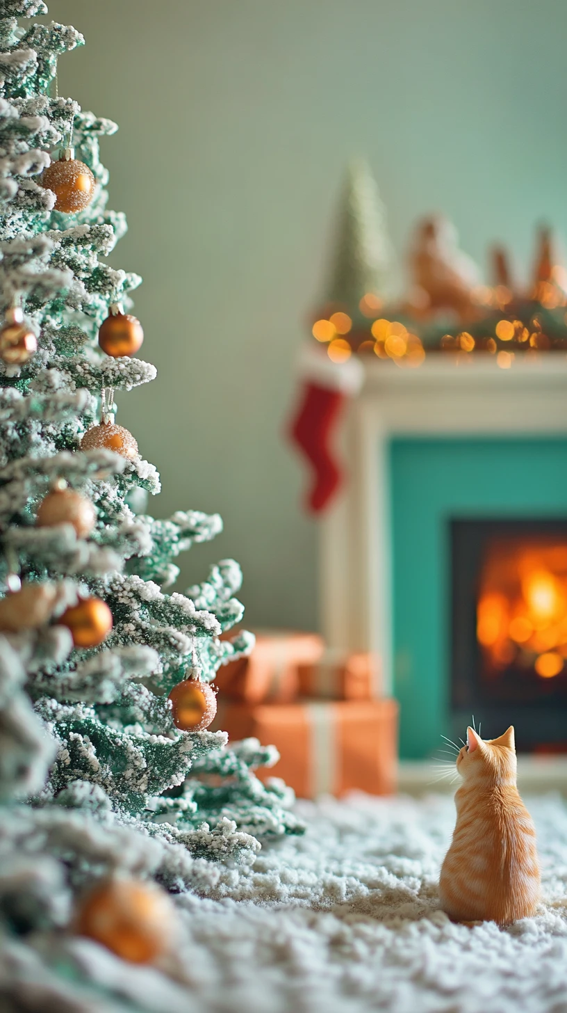 Retro-futuristisches Weihnachtswohnzimmer mit Kamin und Katze