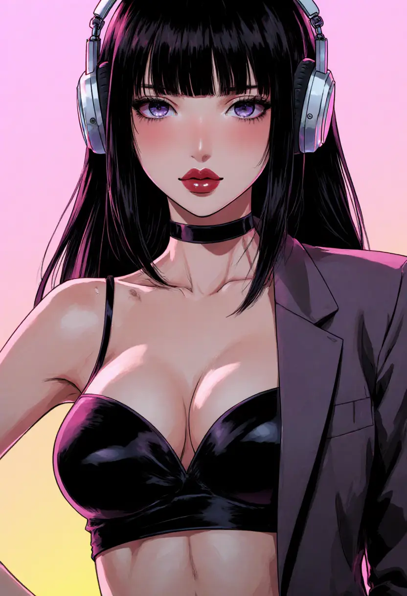 Femme anime en costume avec casque et couleurs néon