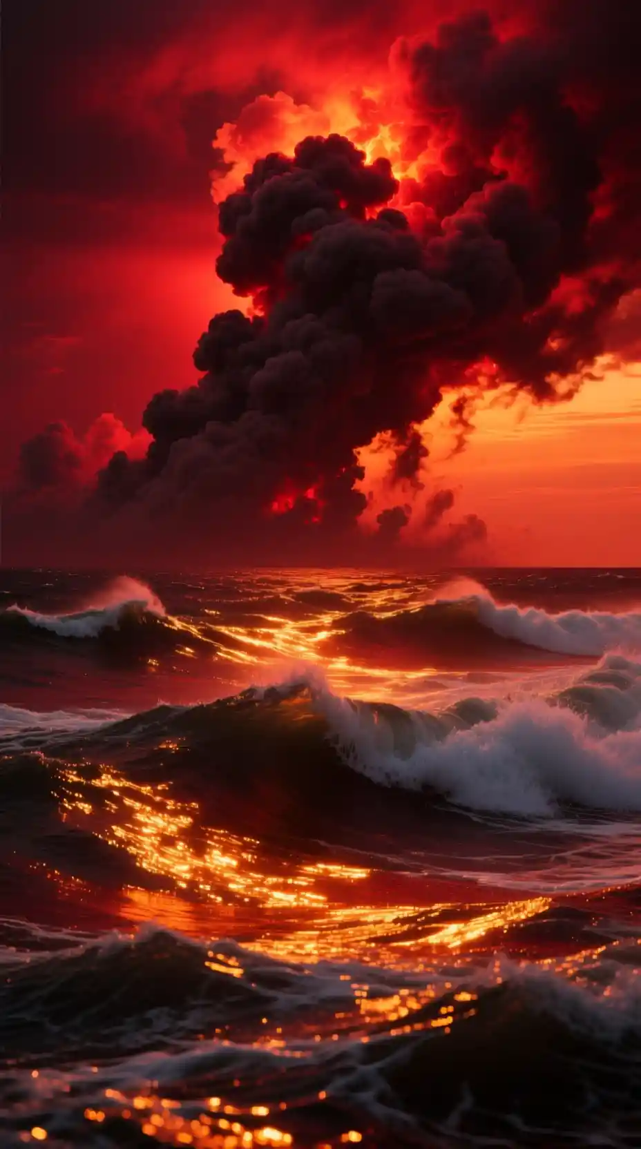 Onde cinematografiche di un oceano rosso sotto un cielo pieno di fumo