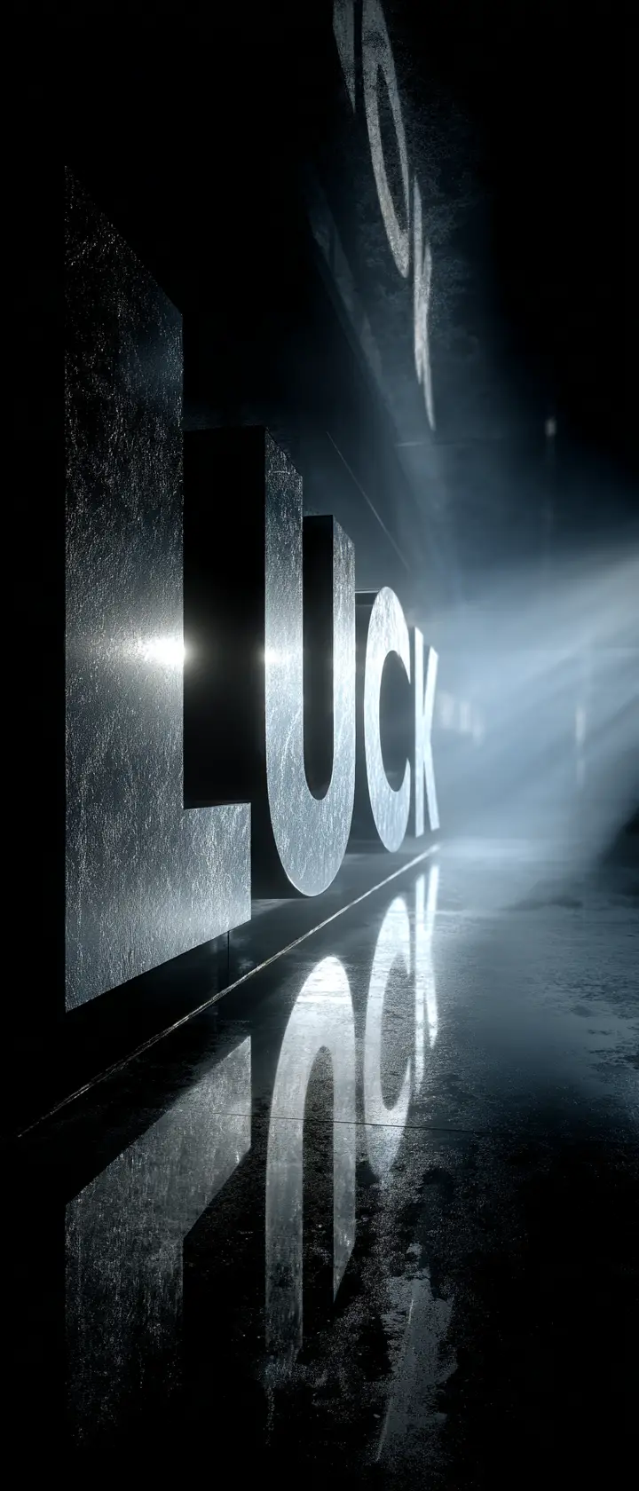 Dramatic 3D titanium luck logo with glowing backlight