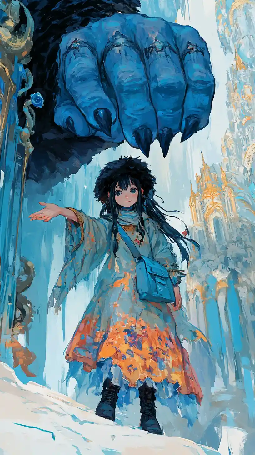 冰宮前巨大手掌上的微笑少女