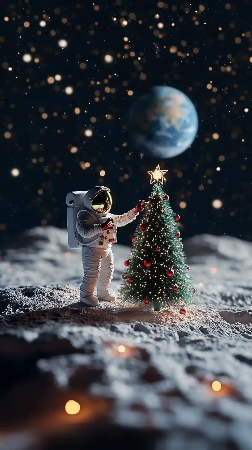Astronauta che decora un albero di Natale sulla Luna