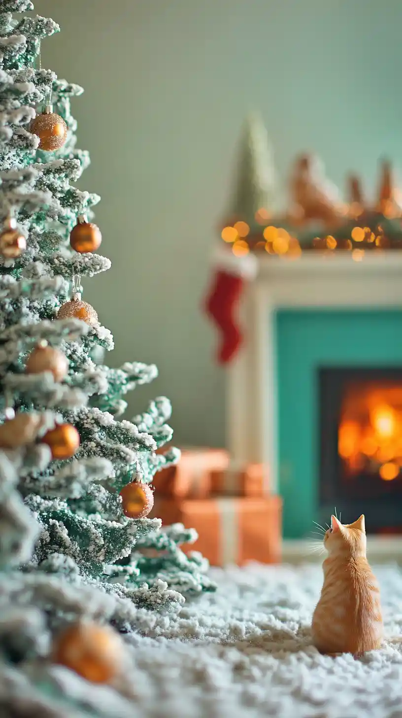 Retro futuristic holiday living room with fireplace and cat