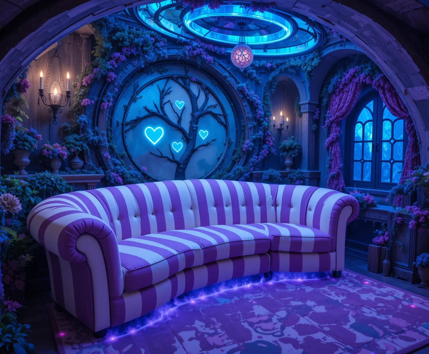 Salon de sous-sol fantastique avec canapé rayé et cœurs au néon