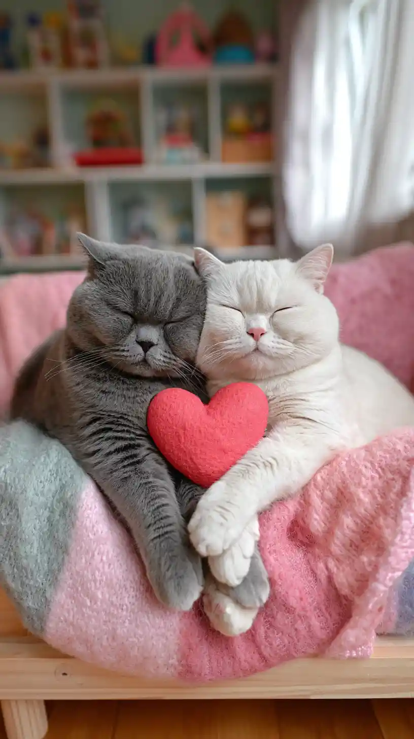 Due gatti british shorthair che si coccolano su un divano letto per bambini