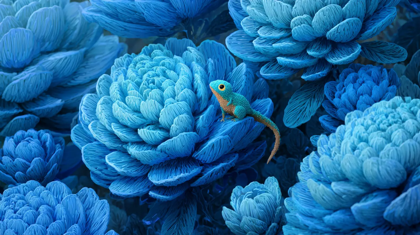 Winzige Fantasiekreatur zwischen riesigen blauen Waldbloemen