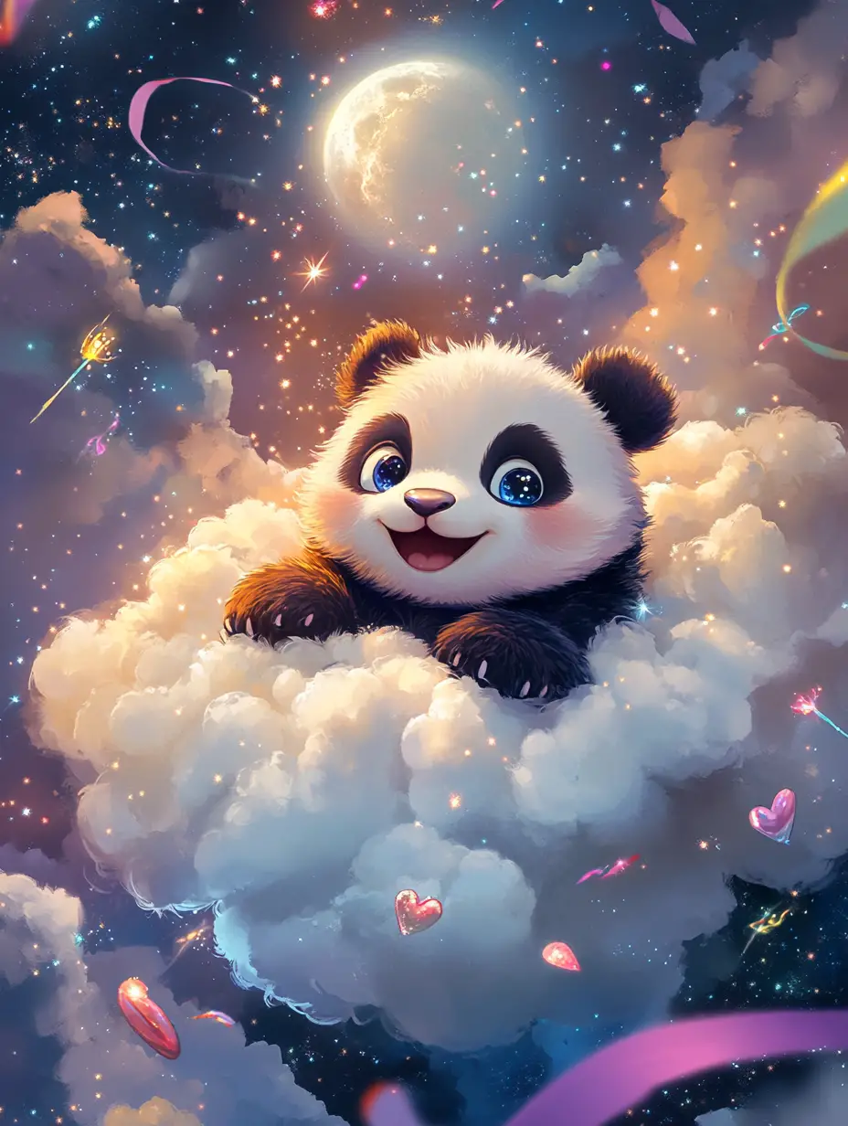 Cute baby panda hugging a fluffy cloud at night