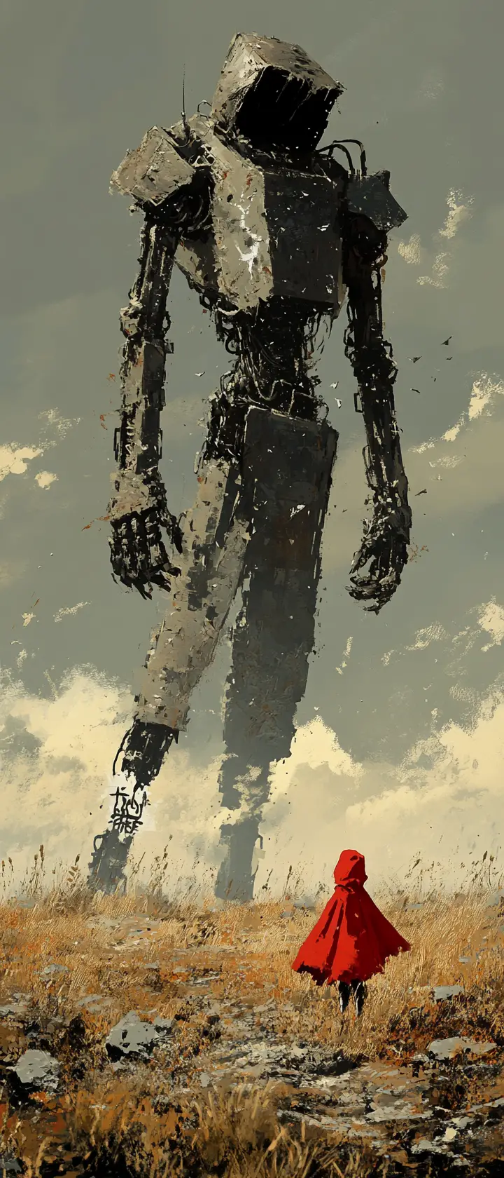 Zerbrochener Wächter-Mecha, der einen zerrissenen roten Umhang hält
