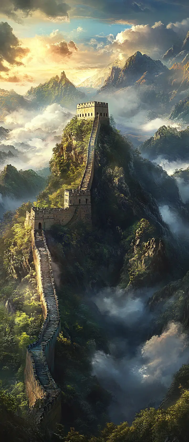 夕陽下的長城與朦朧綠色山巒景觀