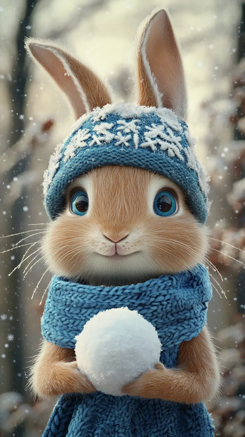可愛的冬日兔子與雪球在夢幻魔法森林中