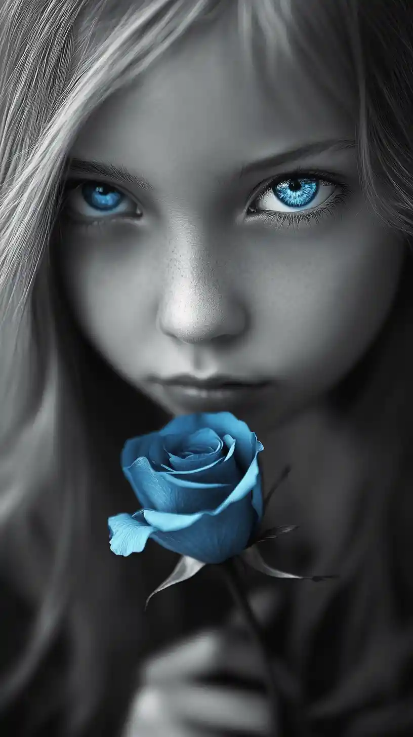 Melancholisches Mädchen mit blauen Augen, das eine blaue Rose hält