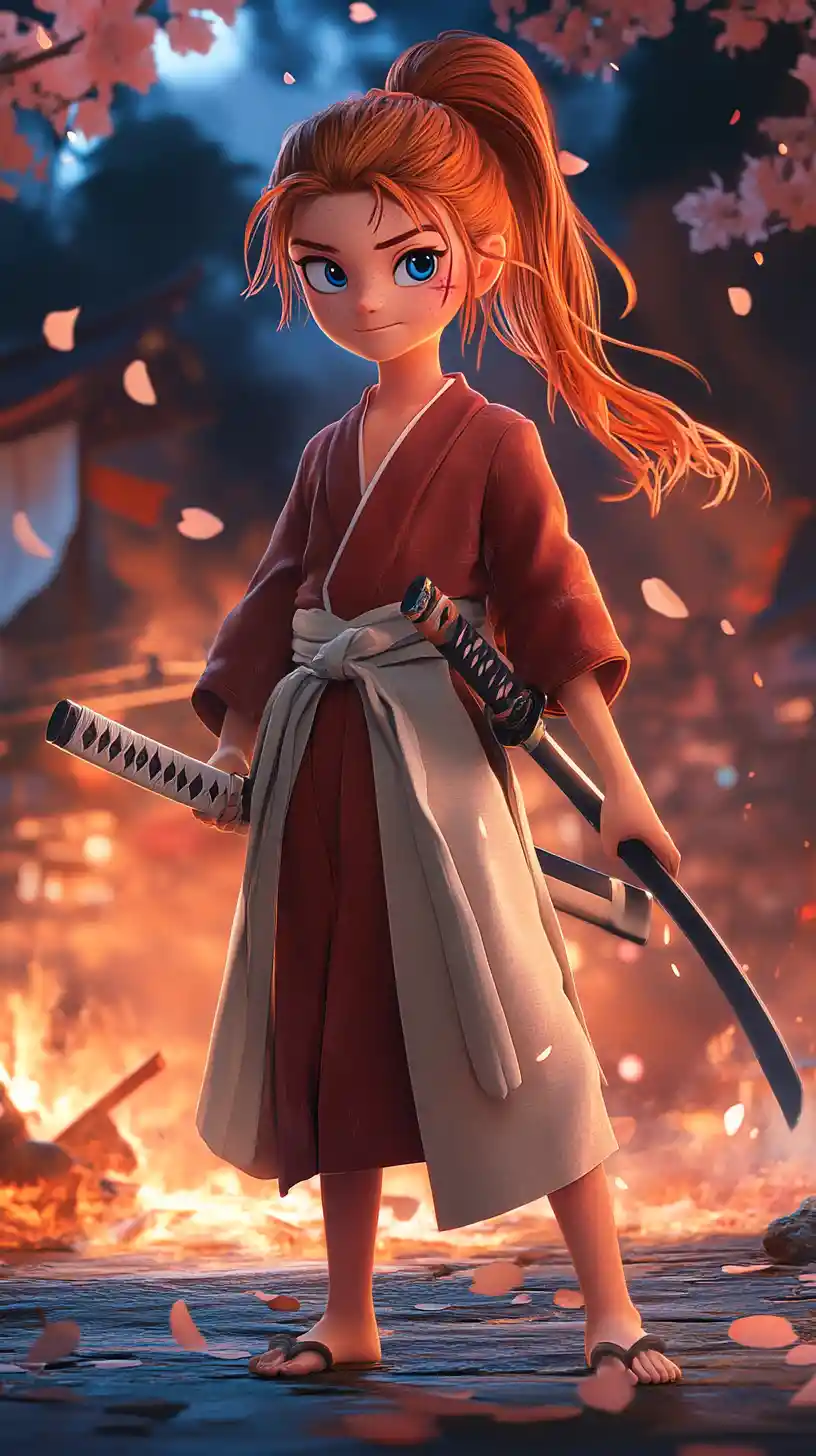 燃燒景色中的勇敢刀少女