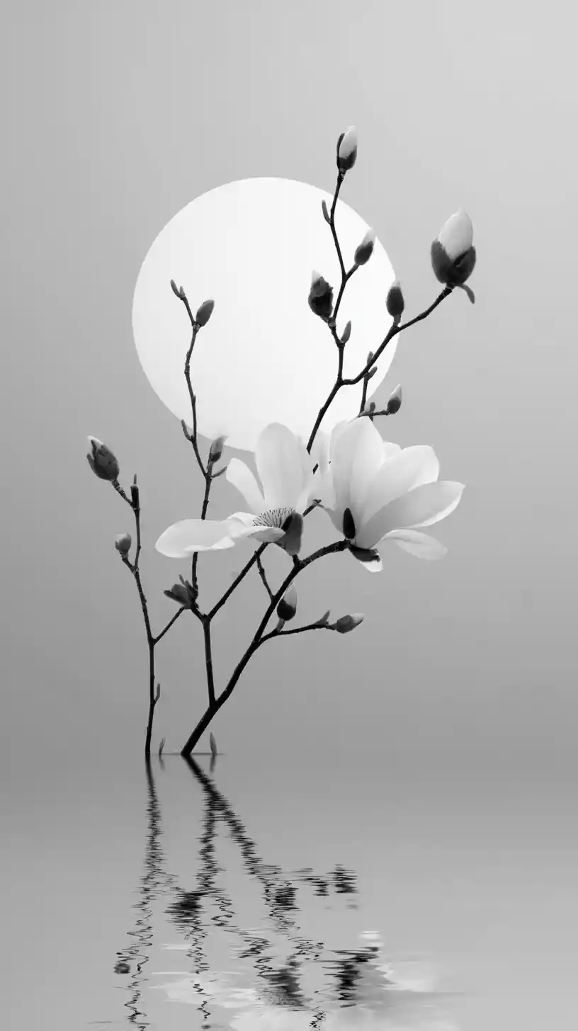 Minimalistischer Magnolienzweig im Schein eines leuchtenden Kreises