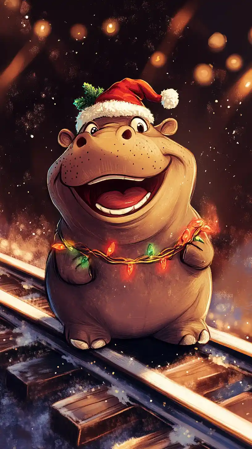 Allegro ippopotamo cartoon che festeggia il Natale sulla ferrovia