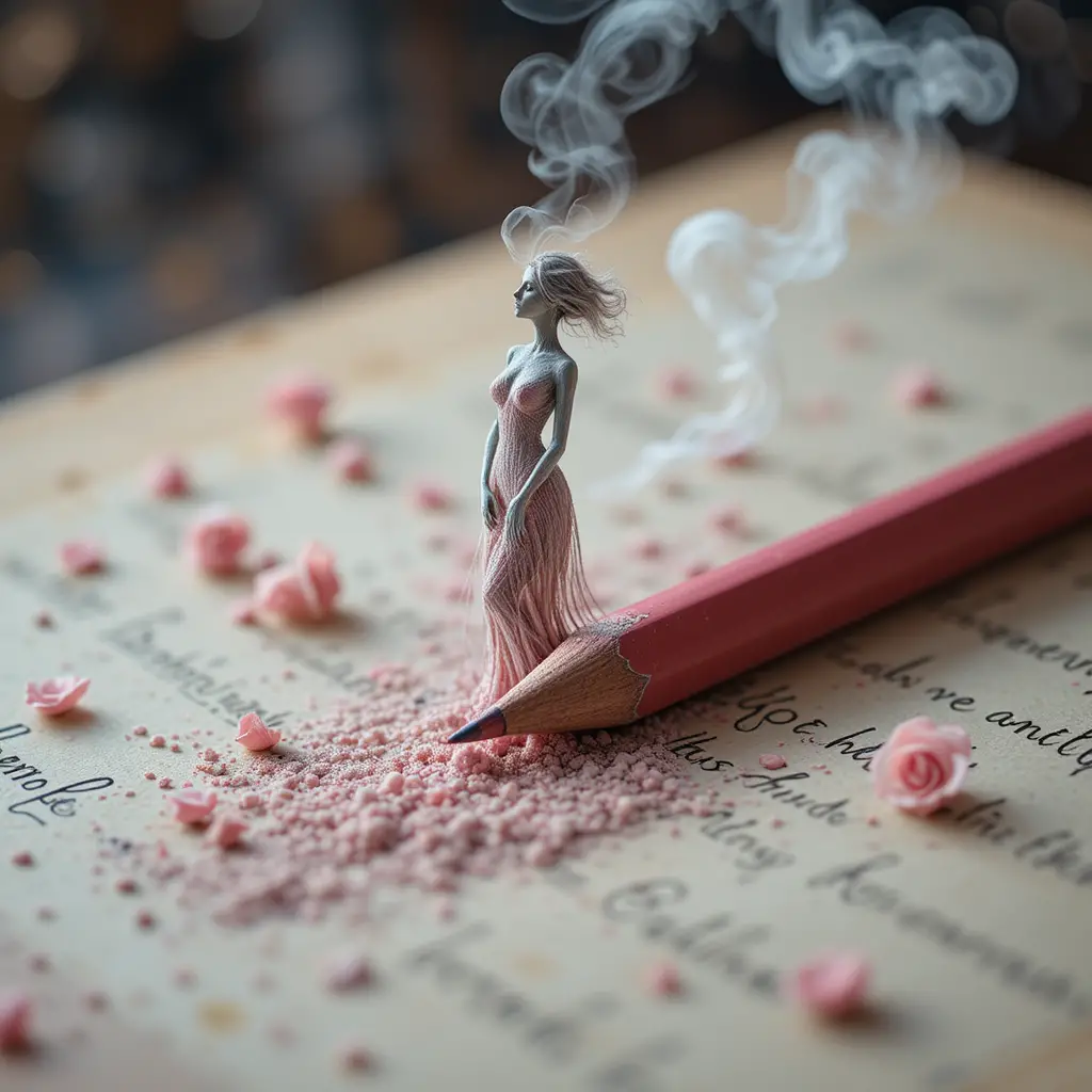復古紙上的粉色鉛筆空靈女子素描
