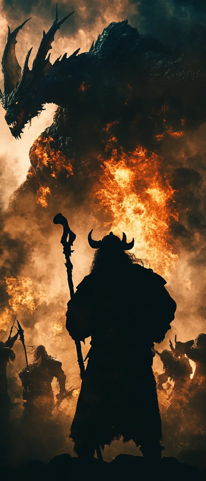 Silhouette eines Zwergenkriegers mit epischer Schlacht und Drache