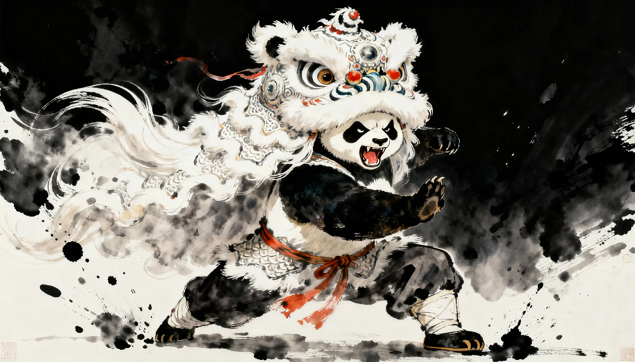 獰猛な武術パンダの獅子舞コスチューム姿