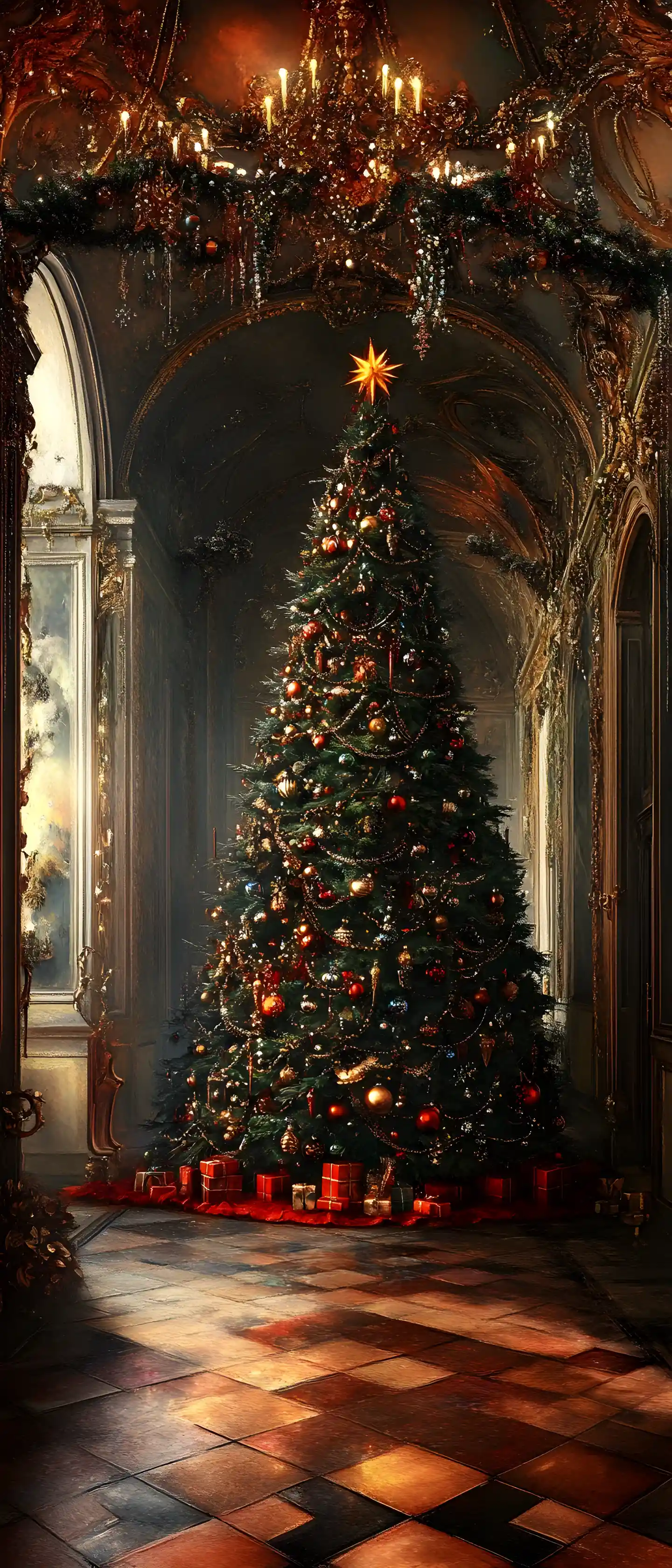 Albero di Natale gigante in un corridoio sontuosamente decorato