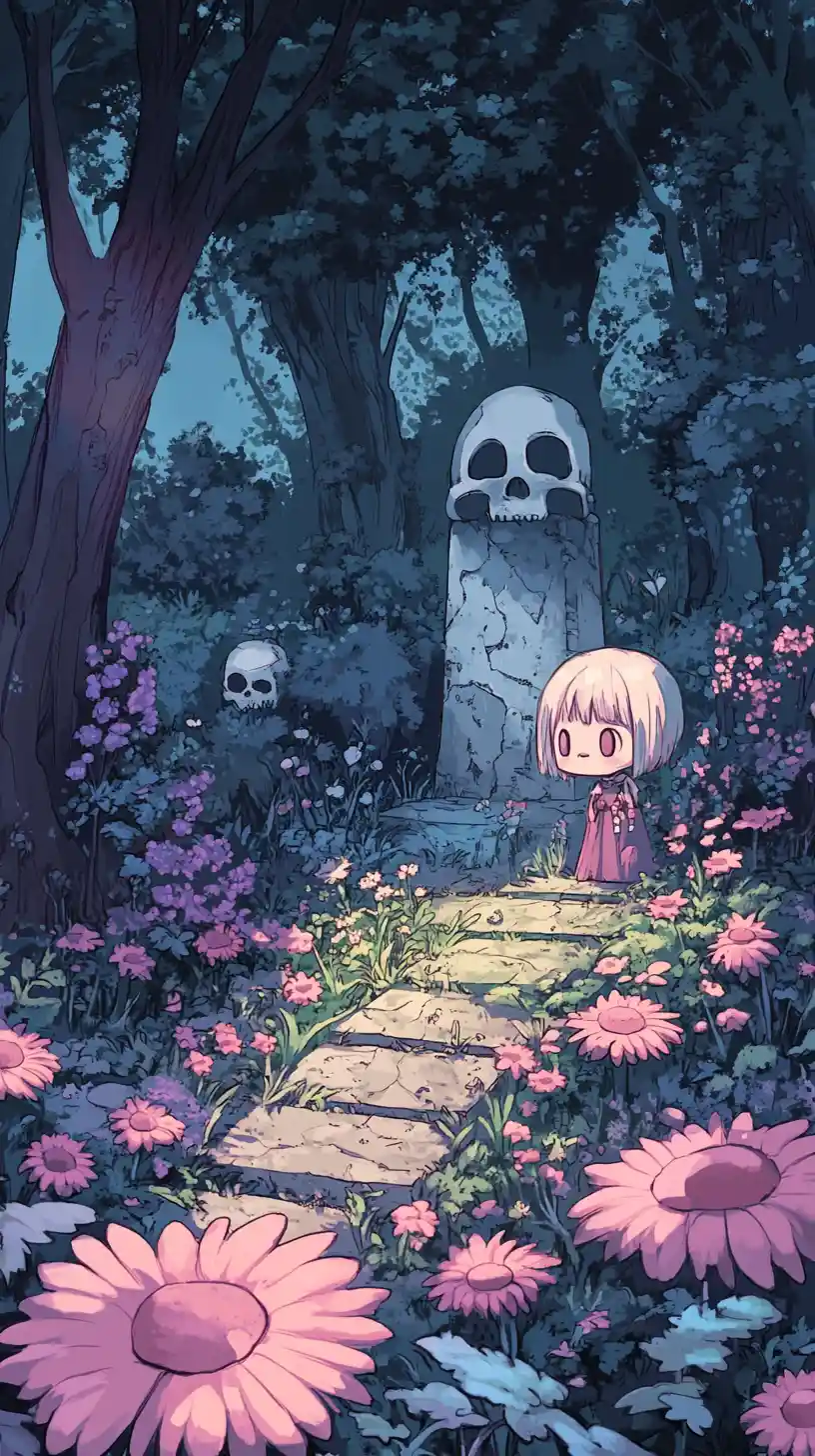 Creatura chibi in un giardino incantato di fiori blu - illustrazione