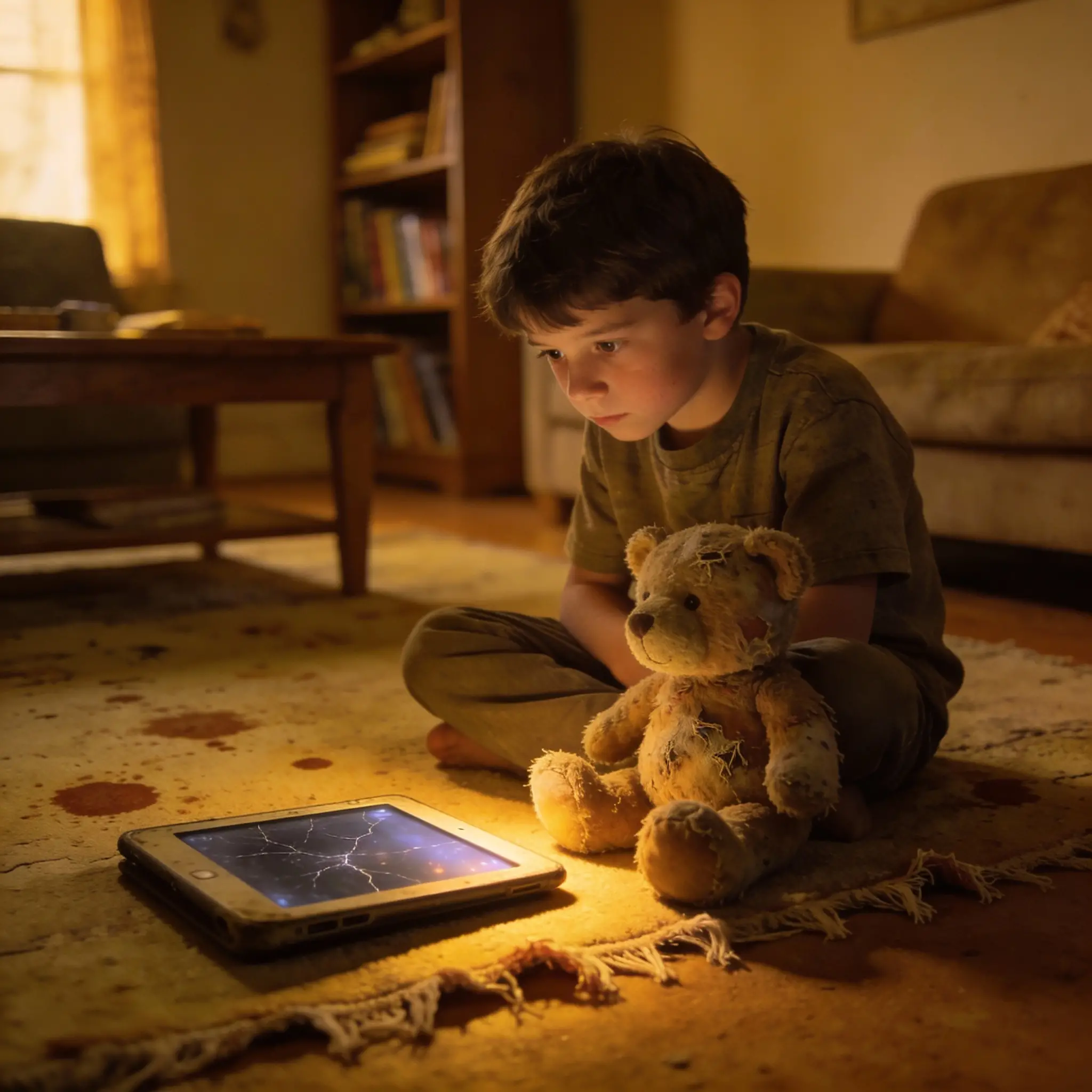 Junger Junge mit Teddybär und Tablet auf dem Wohnzimmerboden