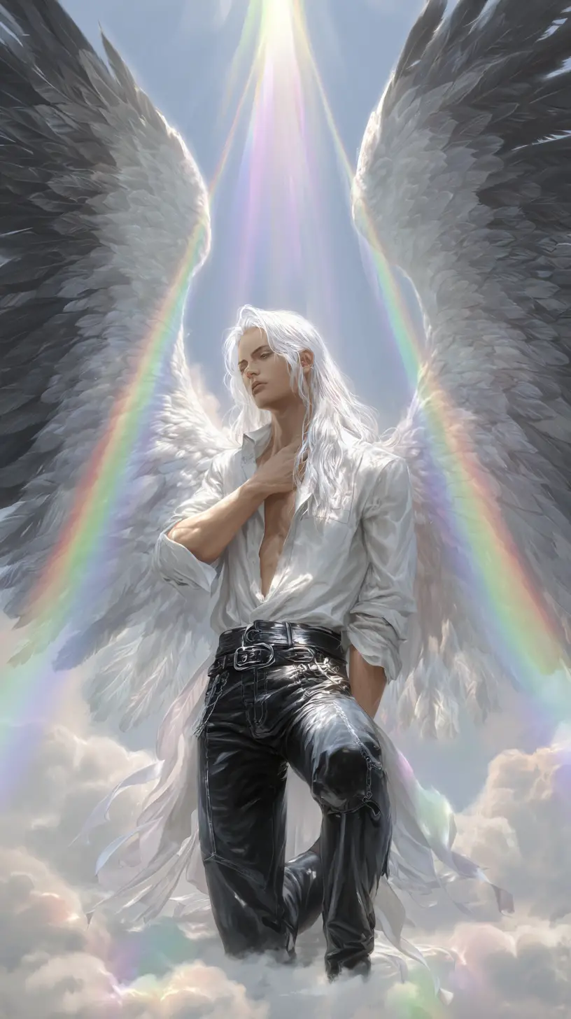 Angel of light mourning beneath a radiant rainbow
