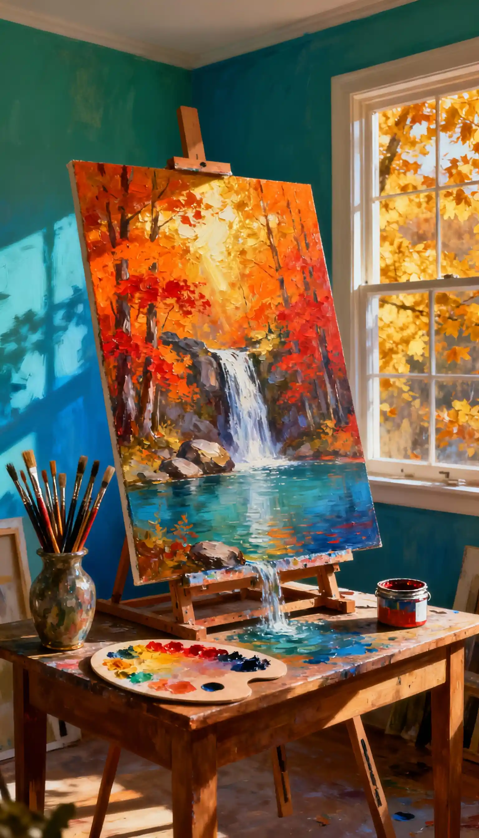 Peinture à l’huile d’une cascade en forêt d’automne dans un atelier d’art