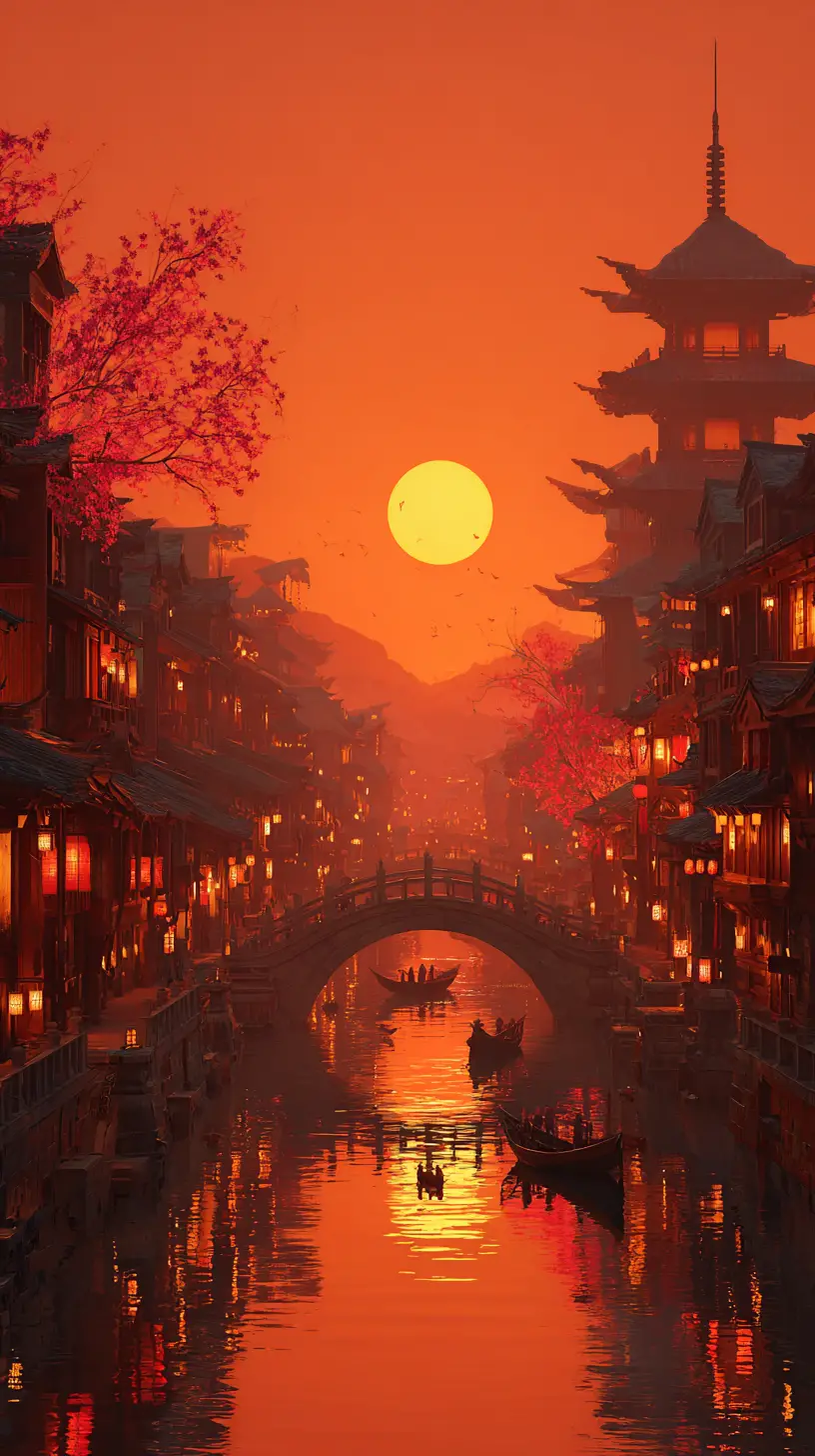夕陽下的古老運河小鎮與發光寶塔
